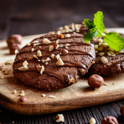 Delicious chocolate cookies with hazelnuts and topping